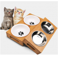 Bamboo Pet Bowls for Cats and Dogs Bamboo Dog Cat Food and Water Bowls Stand Feeder with 2 Bowls