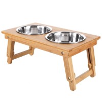 Bamboo Adjustable Dog Food Stand Raised Dog Bowl Pet Feeding Station with 4 Stainless Steel Bowls for Dogs, Cats